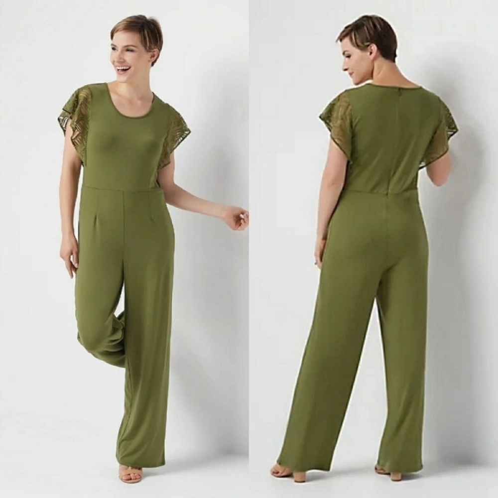 H Halston Jet Set Jersey Wide-Leg Jumpsuit with Lace Sleeves Green Size Large
